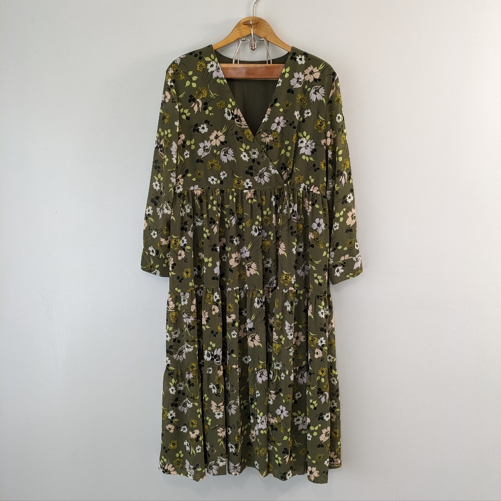 Madewell Dress Women's L Green Wildblooms Cinch-Waist Tiered Midi Cottage